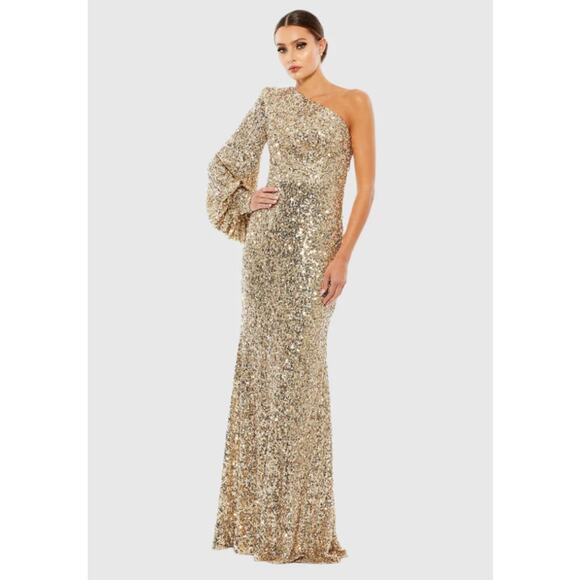Ieena for Mac Duggal Gold Sequined One Shoulder Bishop Sleeve Trumpet Gown 8 - Picture 1 of 7